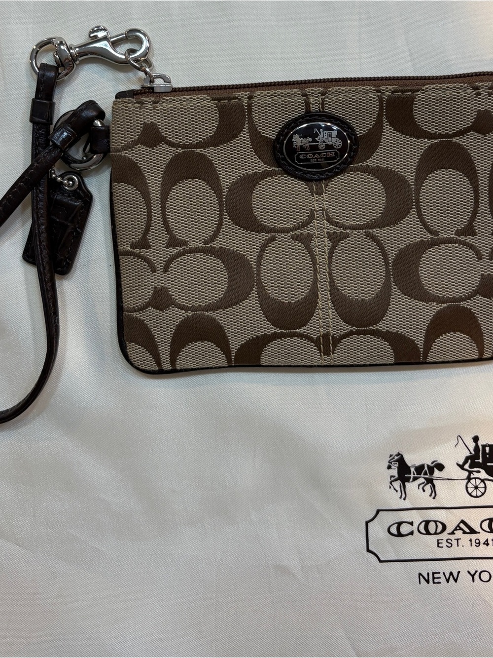 Coach Small Signature Canvas Wristlet in Brown and Taupe
